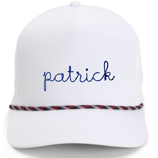 Junior Personalized Rope Hat - White with Navy/Red rope (floss stitch)