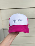 Monogrammed Hot Pink and White Rope Hat - Adult (floss stitch)