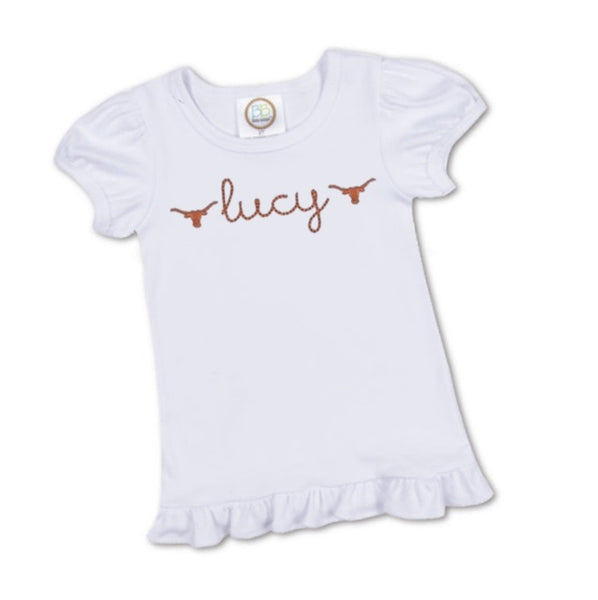 Personalized Girl’s White Ruffle longhorn Short Sleeve Tee Shirt