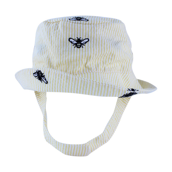 Yellow Seersucker with Embroidered Honeybees Bucket Hat